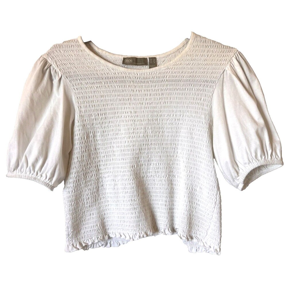 Asos Design Top Shirt Womens 8 White Short Sleeve Smocked Balloon Sleeve Crop‎